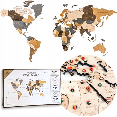 Carte du monde en bois 3D L 105 x 60 cm avec punaises et drapeaux - Kit de voyage (1/5)