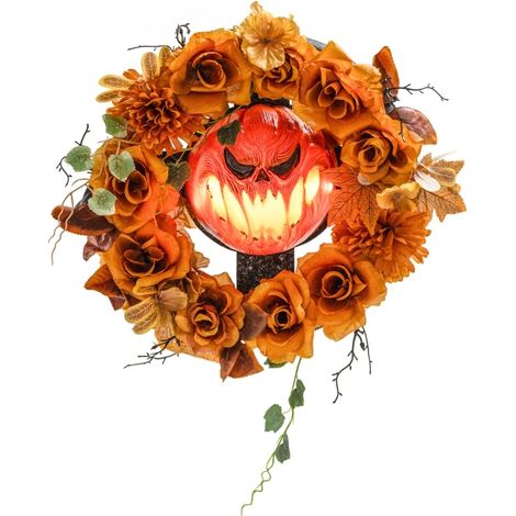 Corona di Halloween con zucca luminosa e foglie autunnali in acciaio e poliestere (1/5)