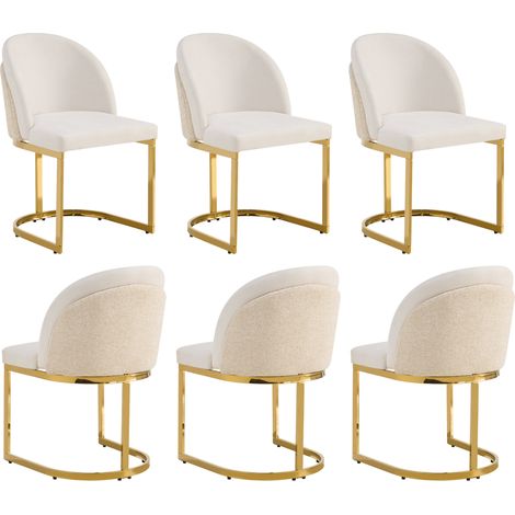 Set di 6 sedie da pranzo in ciniglia beige con gambe in metallo dorato (1/5)