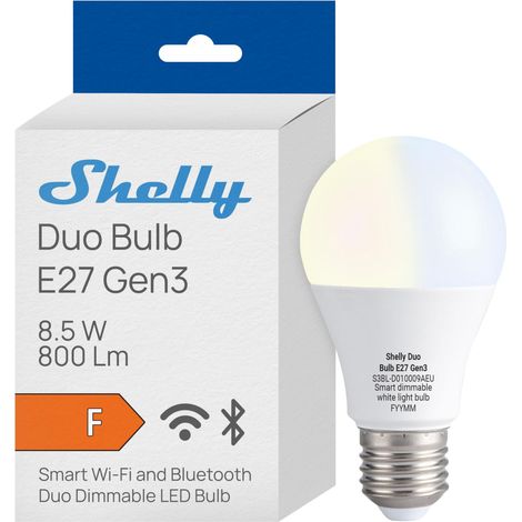 SHELLY DUO BULB E27 GEN3 - AMPOULE LED CONNECTÉE WI-FI ET BLUETOOTH, BLANC CHAUD À FROID 2700K-6500K, DIMMABLE 806 LM, 8.5W, HOR