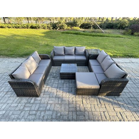 Fimous Ensembles de meubles de jardin 10 places Ensemble de canapés en rotin avec Table basse carrée Grand tabouret Table d'appoint (1/5)
