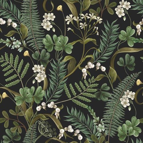 Papier Peint Feuilles Tropical Fougères Papier Peint Jungle Papiers Peints Fleuri Noir Vintage Papiers Peints Adhesif Mural [BI67] (1/5)