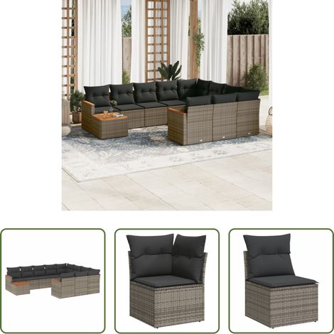 vidaXL Rattanmöbel - 11-tlg. Garten-Sofagarnitur mit Kissen Grau Poly Rattan (1/5)