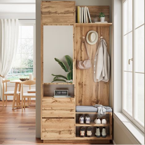 Ingresso con specchio, cuscini imbottiti, ripiano aperto, ganci e scarpiera, in MDF, naturale (1/5)