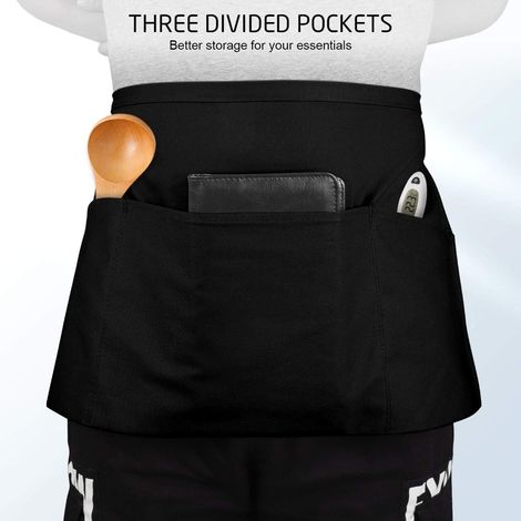 Tablier avec 3 Poches - Tablier Court de Serveuse Noir, Imperméable (23.6"x15.7") (1/2)