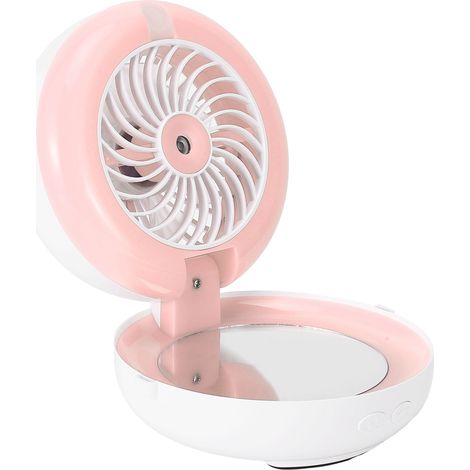 Ventilateur pliable multifonctionnel portable avec miroir de maquillage et humidificateur, rechargeable par USB, rose (1/5)