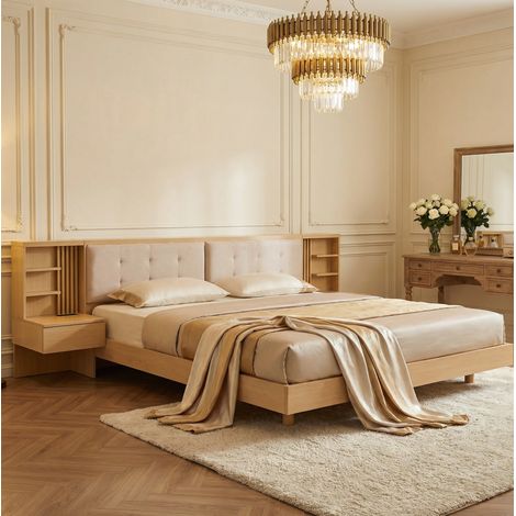 Lit avec rangement bois d’ingénierie naturel 180x200 cm, tête de lit rembourrée avec USB et prise EU (1/5)