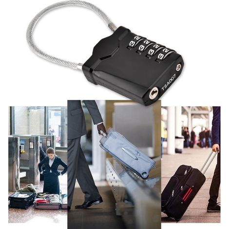 Cadenas à code réglable pour valises avec câble en acier renforcé (Noir) (1/5)