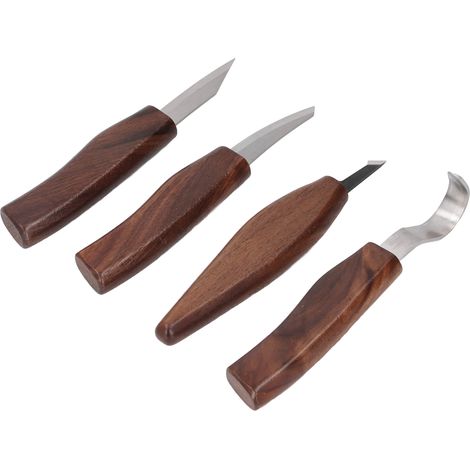 Ensemble de 4 outils de sculpture sur bois avec pierre à aiguiser, cuir à aiguiser et manche en noyer, idéal pour les projets de travail du bois. (1/5)