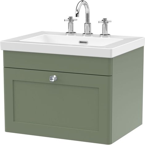 Swynnerton Traditional 1 Drawer Wall Hung Vanity Unit with Fireclay Basin, Satin Green, 600mm