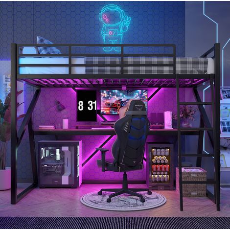 Lit mezzanine 90 x 200 cm enfant en métal noir avec LED, bureau et échelle (1/5)