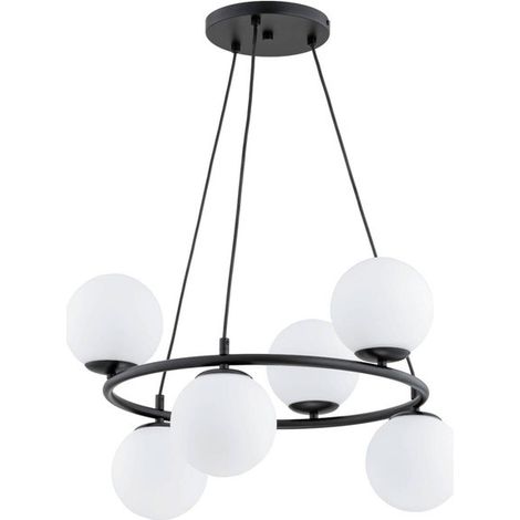 Industrielle schwarze Pendelleuchte mit 6 weißen Glaskugeln ringo 6xE14 10W ALF63246 Alfa