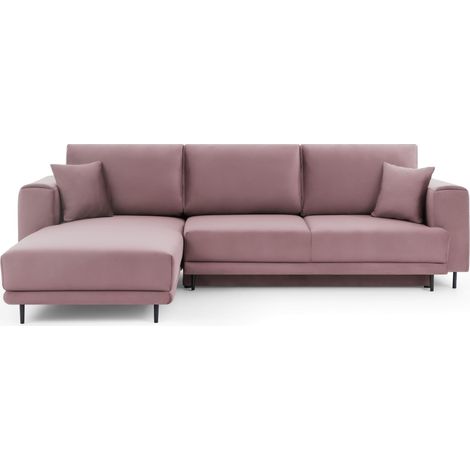 Canapé d'angle convertible velours DAVINA - Coffre et pieds métal noir angle gauche-Vieux rose-angle gauche (1/5)