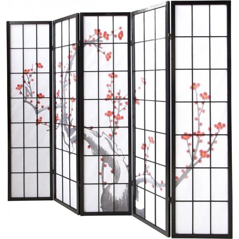 Pegane – Paravent en bois noir 5 pans avec fleurs de cerisier – Structure en bois verni – Charnières double sens – Panneaux avec papier de riz blanc (1/5)