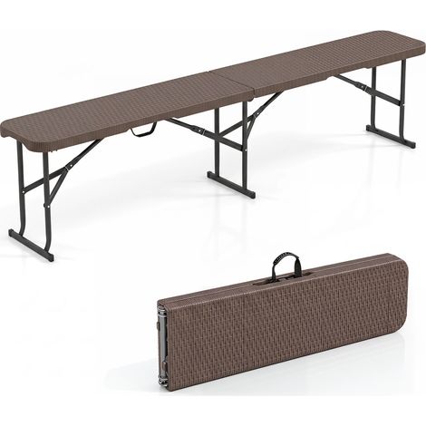 Banc pliant marron en HDPE avec cadre métallique, poignée de transport et pieds antidérapants pour pique-nique, camping et repas
