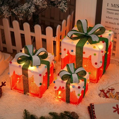 Decoration Noël-LED Décoration Lumière Boîtes Cadeaux - Ensemble de 3 Décoration de Noël Lumière de Noël en-Deco Noel-Noël intérieure et extérieure(Rouge)