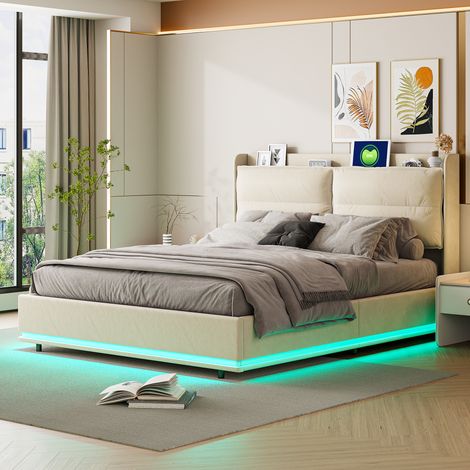 Lit coffre capitonné 140x200 cm,lit 2 Personnes moderne avec rangement,chargement USB et Type C,éclairage LED,tête de lit épaisse et rembourrée,tissu velours,beige (1/5)