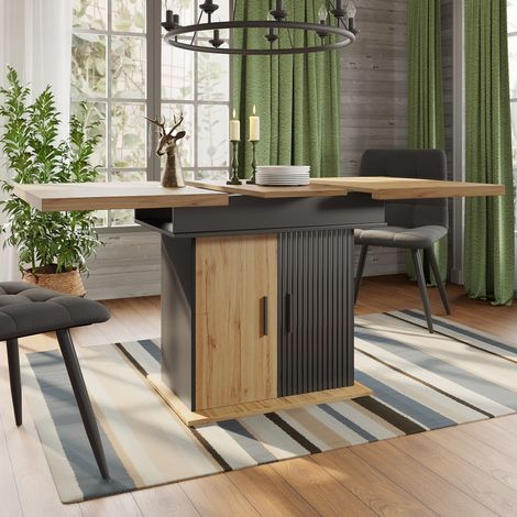 Esstisch aus MDF und Metall in Schwarz/Natur, ausziehbar 110-140x80x75 cm, mit Stauraum