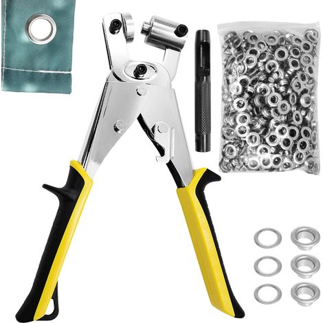 Pince a Oeillet avec 200 OIllets (10 mm de Diamètre) et 1 Ciseau, Fer + Alliage + Revêtement + Caoutchouc, pour Cuir, Ceintures, Stores et Tissus (230 × 100 × 50 mm) (Jaune, argent) (1/5)