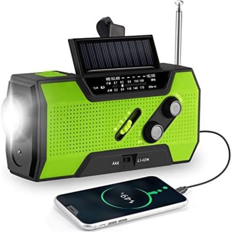 Radio de secours à piles, radio à manivelle, radio d'urgence, radio d'urgence à manivelle solaire, verte (1/5)