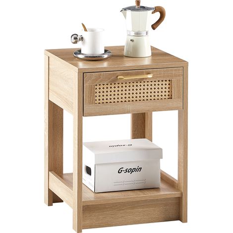 Table d’appoint en rotin avec tiroir, table de chevet moderne pour salon ou chambre, finition bois naturel, 55×40×40 cm