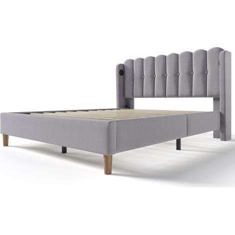Cama doble capitoné gris 140 x 200 cm con puertos USB y USB-C (1/5)