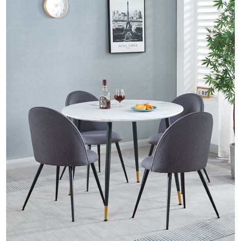 Hallowood Furniture Finley Small Round Dining Table and Chairs Set 4, White Marble Effect Round Dining Table and Dark Grey Curved Back Chairs, Modern Kitchen Set for Home, Office and Café
