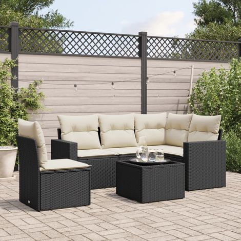 6-tlg. Garten-Sofagarnitur mit Kissen Schwarz Poly Rattan (1/3)