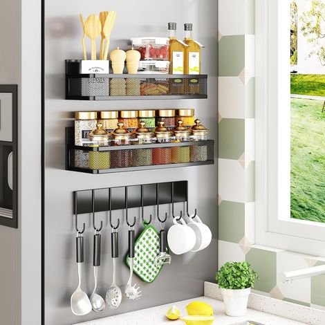 Lot de 3 - Étagère magnétique - Porte-épices - Organisation cuisine - Acier robuste sans perçage - Noir - 25x8x5cm