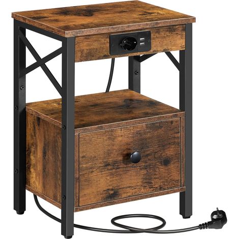 Side Table with Charging Station, Sofa End with Drawers, USB Ports and Power Outlets, Bedside Table for Bedroom, Rustic Brown, Black EBF128CBZ01G1 (1/5)