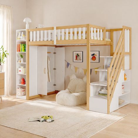 MEUBLIV Lit mezzanine enfant 90 x 200 cm avec armoire étagères escalier de sécurité avec tiroirs, blanc et bois (1/5)