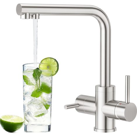 Robinet de Cuisine 3 Voies, Rotatif 360° en Acier Inoxydable Brossé, Robinet 3 en 1 avec Double Levier pour eau filtrée et eau potable – Mitigeur triple fonction pour filtre à eau (1/5)