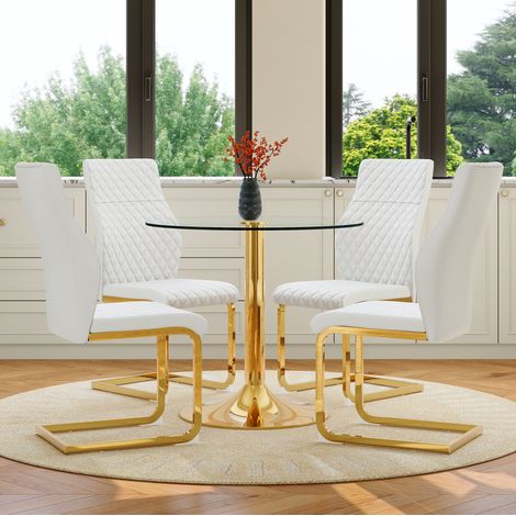 Esstisch Set rund 85 cm mit 4 Stühlen Glas Weiß Gold OKMYHOME (1/5)