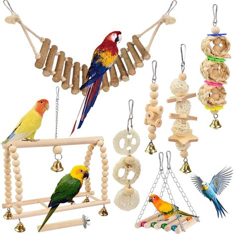 Juego de 8 juguetes de madera natural para pájaros: percha, columpio, hamaca, escalera y campana. Juguetes para masticar y trepar, ideales para periquitos, cacatúas y agapornis. Accesorio para jaula. (1/5)