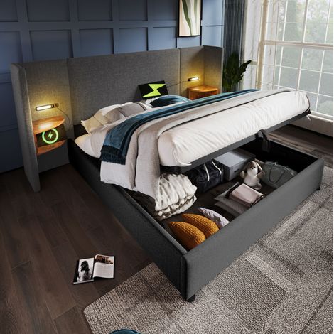 Cama con espacio de almacenamiento de lino gris 160x200 cm, con luz de lectura, USB/Type-C y somier de láminas (1/5)