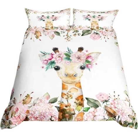 Parure de lit en microfibre motif girafe, 140 x 200 cm, imprimée en 3D, rose fleuri, pour chambre d'enfant A-155X220 (1/4)