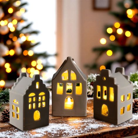 LED Porzellan Haus 11 cm inklusive Batterie - 3er Set - Deko Weihnachtsdorf mit Beleuchtung in warm weiß