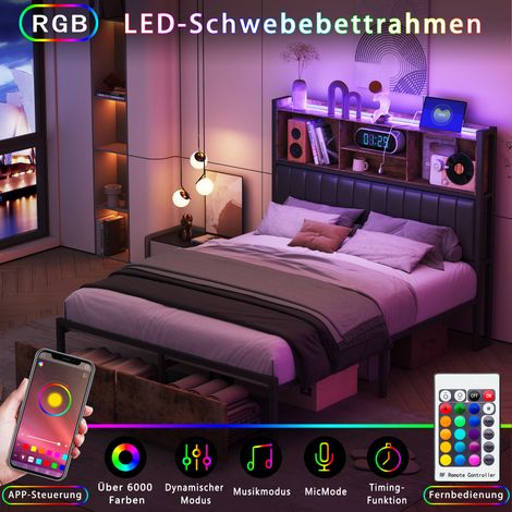 JOOKGBD- Doppelbett 160x200 cm, Jugendbett, Metallbett mit gepolsterter Kopfstütze, Ablagefächern und LED-Beleuchtung, 2 Schubladen am Fußende, USB-Anschluss, Industriestil, PU-Leder, Schwarz