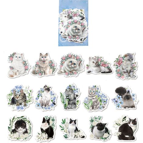 45 autocollants rétro motifs variés, décalcomanies résistantes aux couleurs pour albums, notes, chats et fleurs, DIY décoration scrapbooking (1/5)