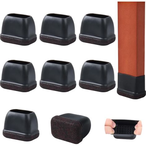 Lot de 8 protections rectangulaires pour pieds de chaise - Avec feutre - Petits embouts en silicone - Pour sols en bois - Noir - Convient pour une utilisation extérieure - Anti-rayures - Longueur : 3, (1/4)