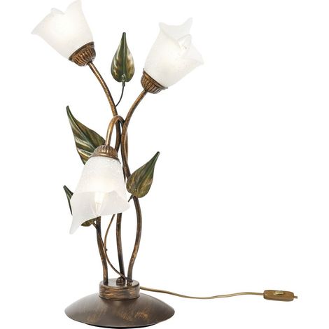 Visconte Pienza Floral Style Bronze & Green Table Lamp Frosted Glass E14 3 Light (1/5)