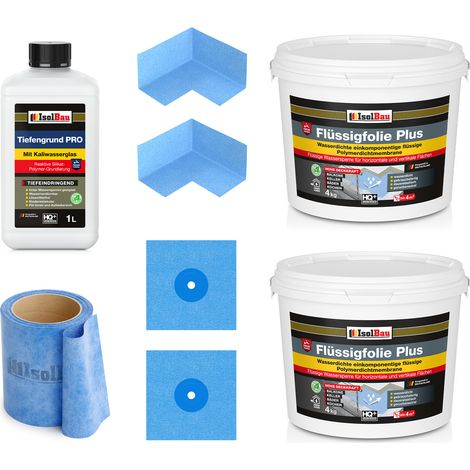 Dichtset 810B Film liquide plus 8 kg Tiefengrund PRO 1L 5 m de ruban adhésif 2 x coin 2 x brassard
