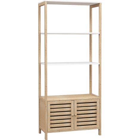 Colonne de rangement bambou salle de bain 3 tablettes 1 armoire 63x30x138 cm bois naturel blanc (1/5)