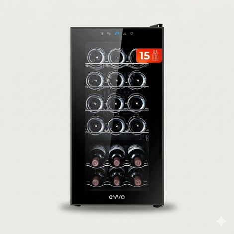 EVVO Vinoteca para 15 botellas VT15, termoeléctrico, compresor, 5-18ºC regulable, muy silencioso 41 dB, pantalla táctil, diplay LED, luz interior
