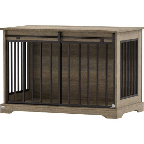 Cage pour Chien en Bois et Acier avec Porte Coulissante, Table d'Appoint, Niche Moderne, 100x60x68cm, Gris-Marron Clair (1/5)