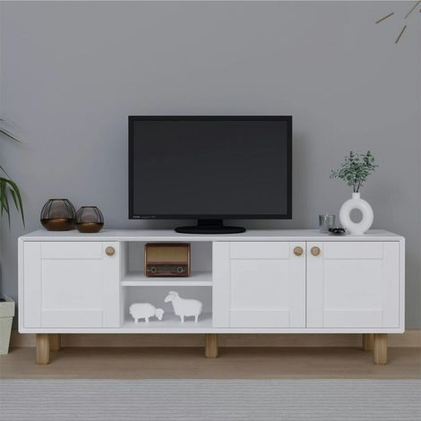 Meuble TV blanc, 3 portes à cadre et 2 niches VAREN (1/5)