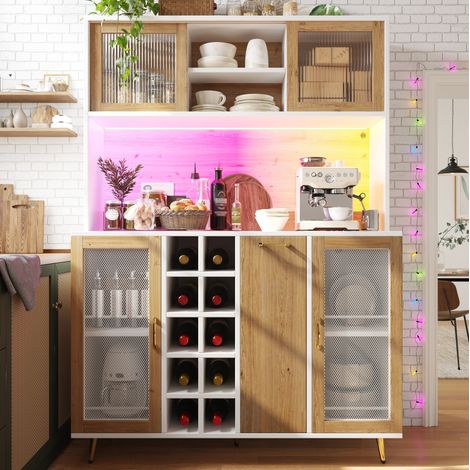 MEUBLIV Buffet de cuisine 120x40x180 cm blanc et décor bois avec LED, prise et range-bouteilles (1/4)