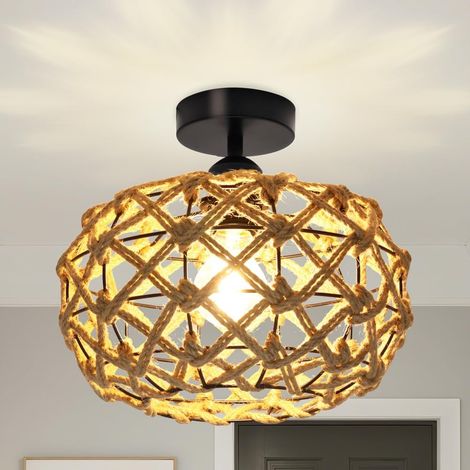 Interior LED Ceiling Light, Hand-Woven Rattan Lampshade, Modern Bohemian Design, Pendant Light for Bedroom, Living Room, Hallway, 30 cm Diameter, Vintage (1/5)
