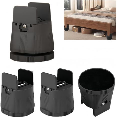 Juego de 4 elevadores para somier compatibles con patas de muebles de 1 a 50 mm de ancho, altura ajustable entre 6 y 8 cm, color negro.