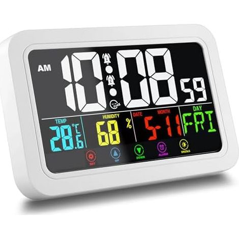 ARCELI Horloge numérique décorative blanche avec thermomètre, veilleuse, éclairage et fonction calendrier, 8 langues, réveil, date, jour de la semaine, mois, affichage 24/12h, horloge murale et de (1/5)
